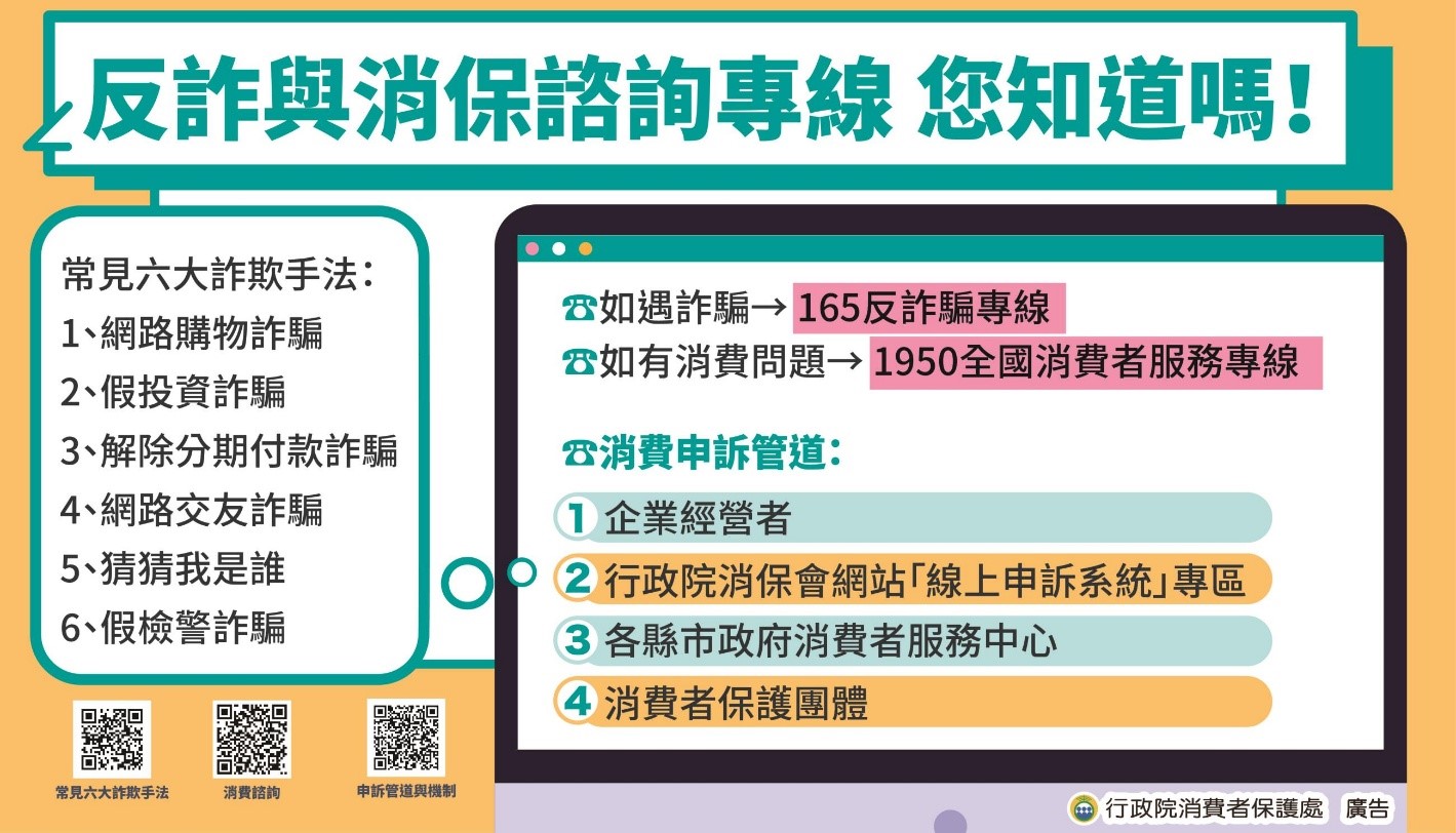 為使民眾慎防詐騙，行政院消費者保護處特製圖卡宣導防詐，請民眾多加利用。